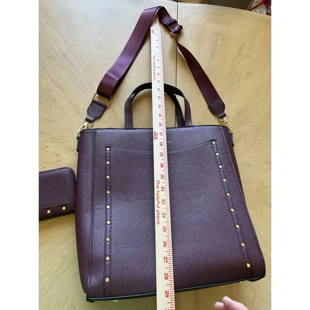 London Fog Sofia Studded Tote Bag & Matching Wallet Plum Burgundy Career Laptop